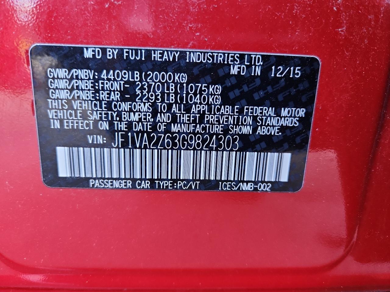 2016 Subaru Wrx Sti Limited VIN: JF1VA2Z63G9824303 Lot: 87249775