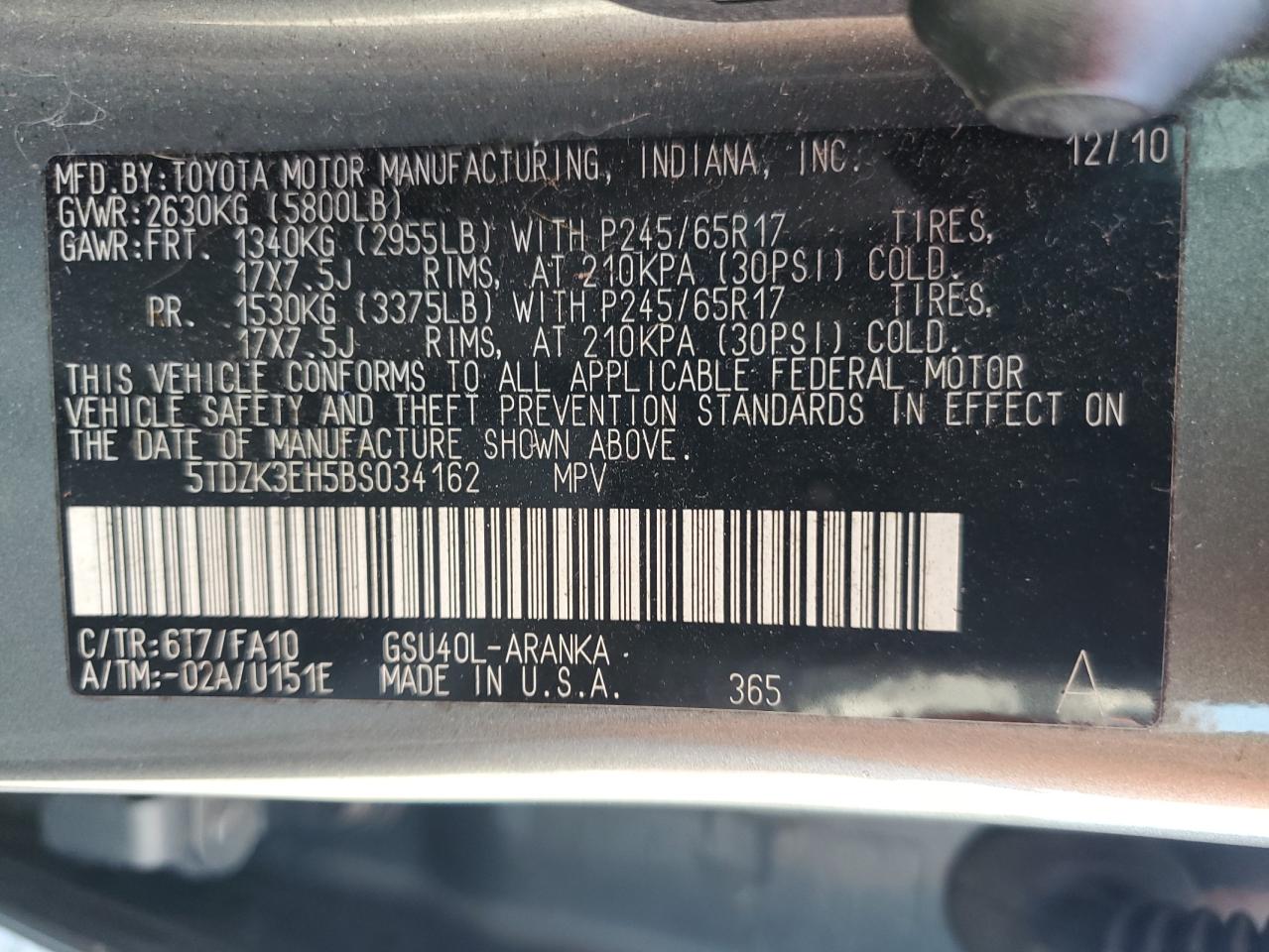 2011 Toyota Highlander Base VIN: 5TDZK3EH5BS034162 Lot: 82079885