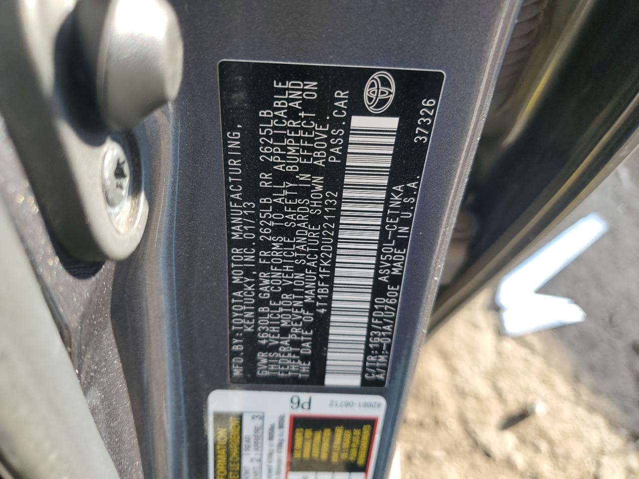 2013 Toyota Camry L VIN: 4T1BF1FK2DU221132 Lot: 86113705