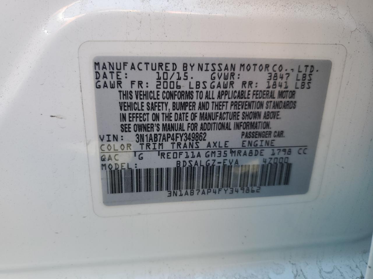 2015 Nissan Sentra S VIN: 3N1AB7AP4FY349862 Lot: 86672855