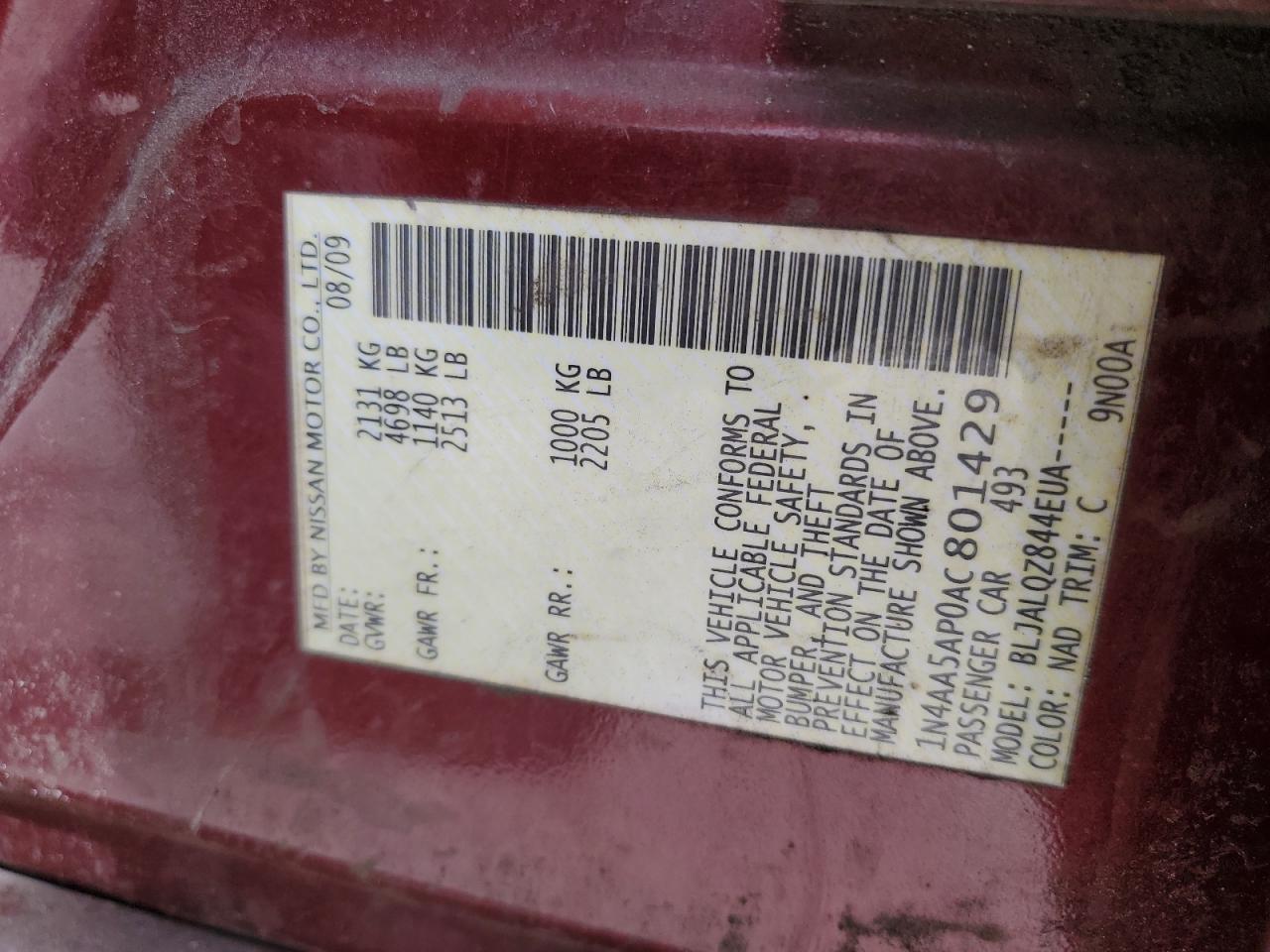 2010 Nissan Maxima S VIN: 1N4AA5AP0AC801429 Lot: 82415575