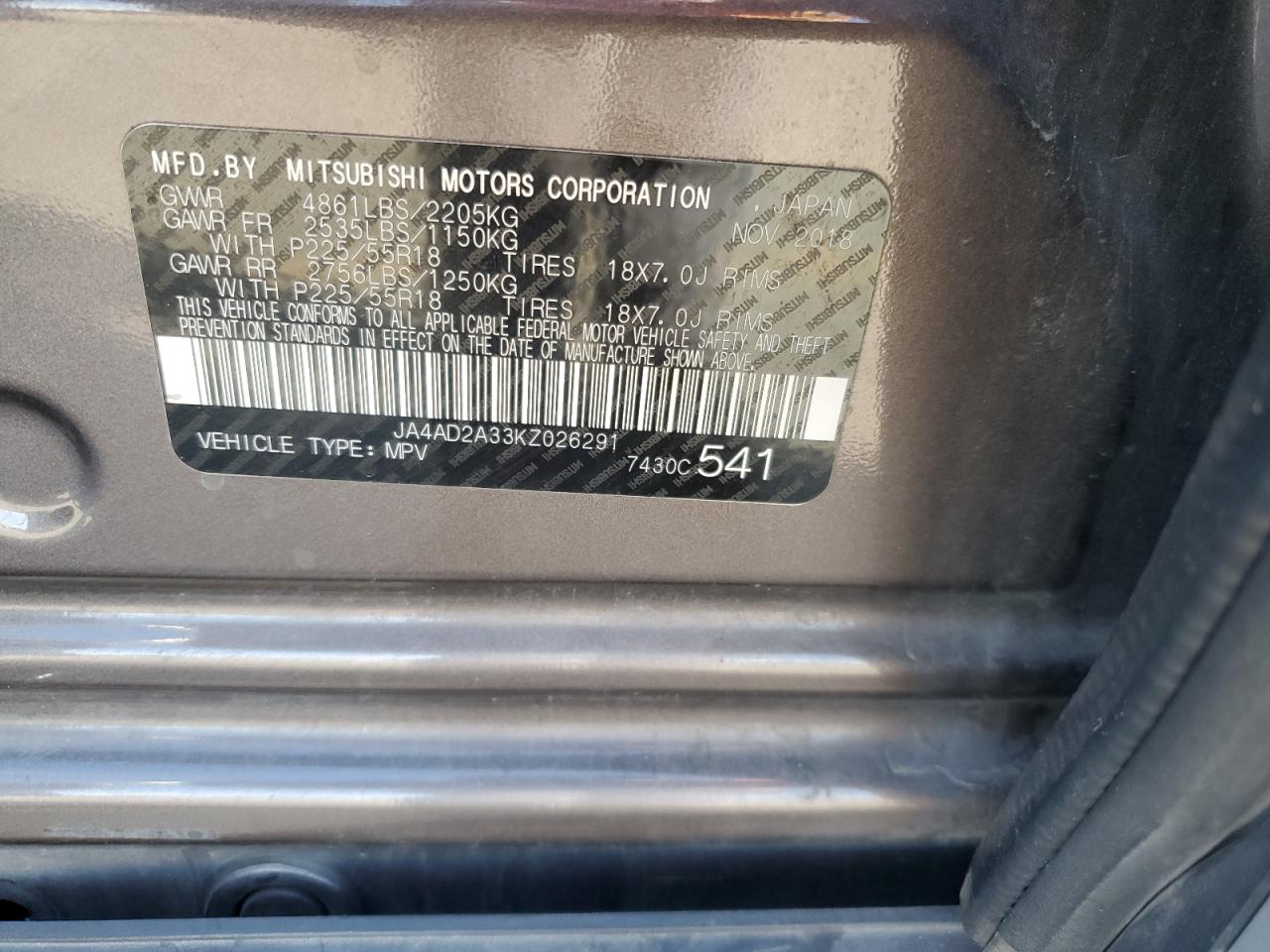 2019 Mitsubishi Outlander Es VIN: JA4AD2A33KZ026291 Lot: 85344125