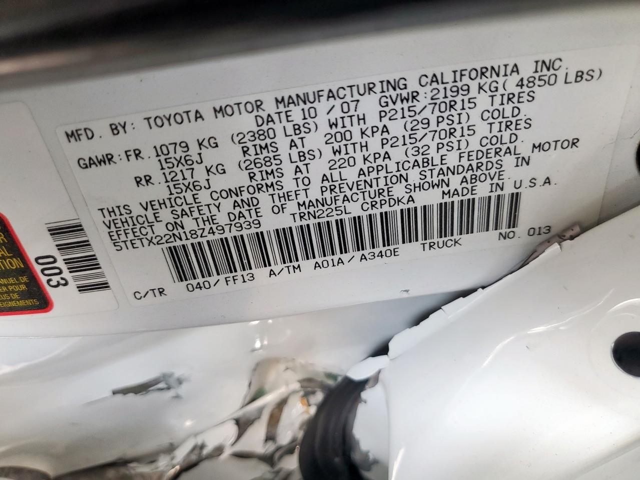 2008 Toyota Tacoma Access Cab VIN: 5TETX22N18Z497939 Lot: 82189535