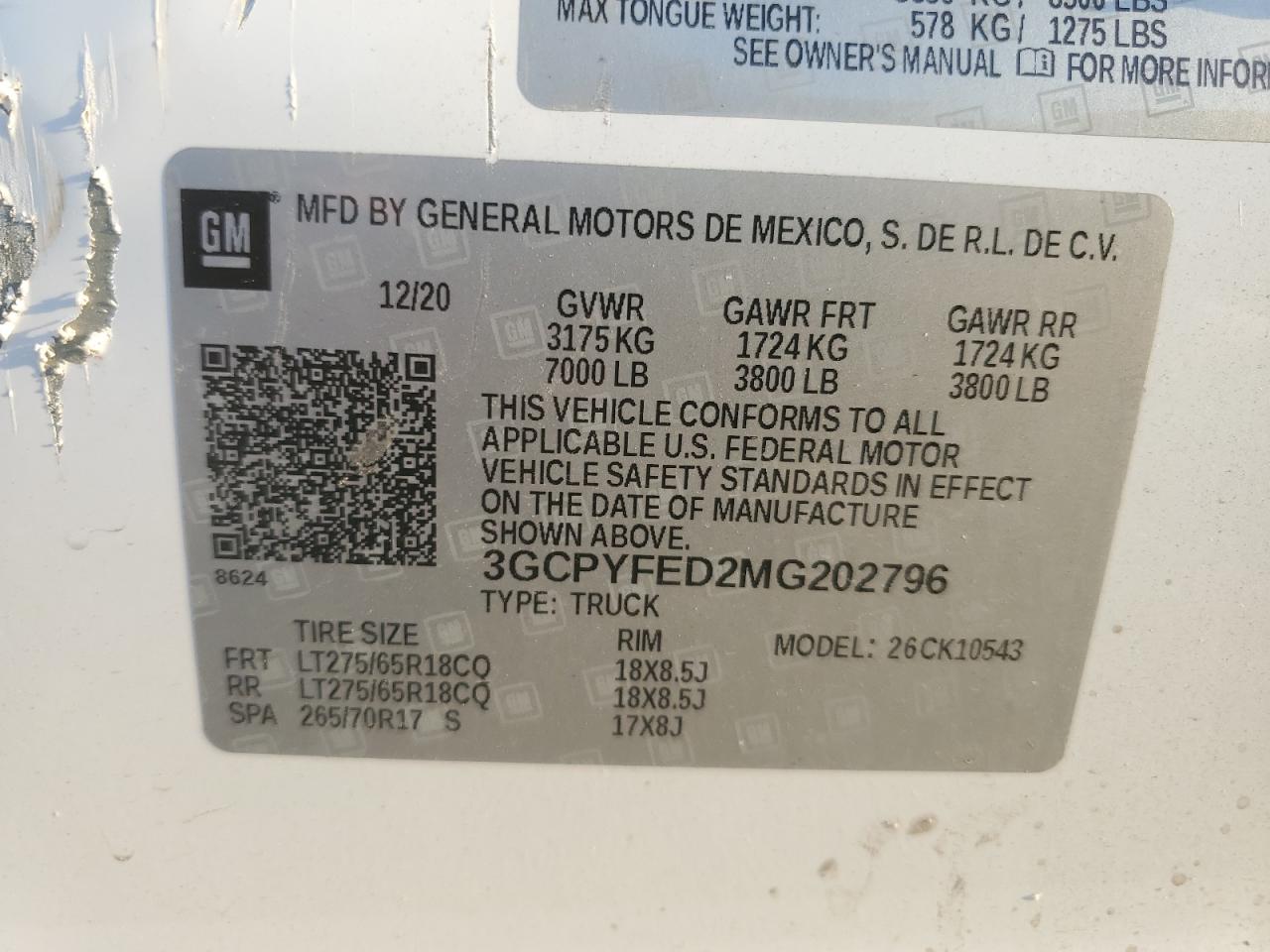 2021 Chevrolet Silverado K1500 Lt Trail Boss VIN: 3GCPYFED2MG202796 Lot: 86615865