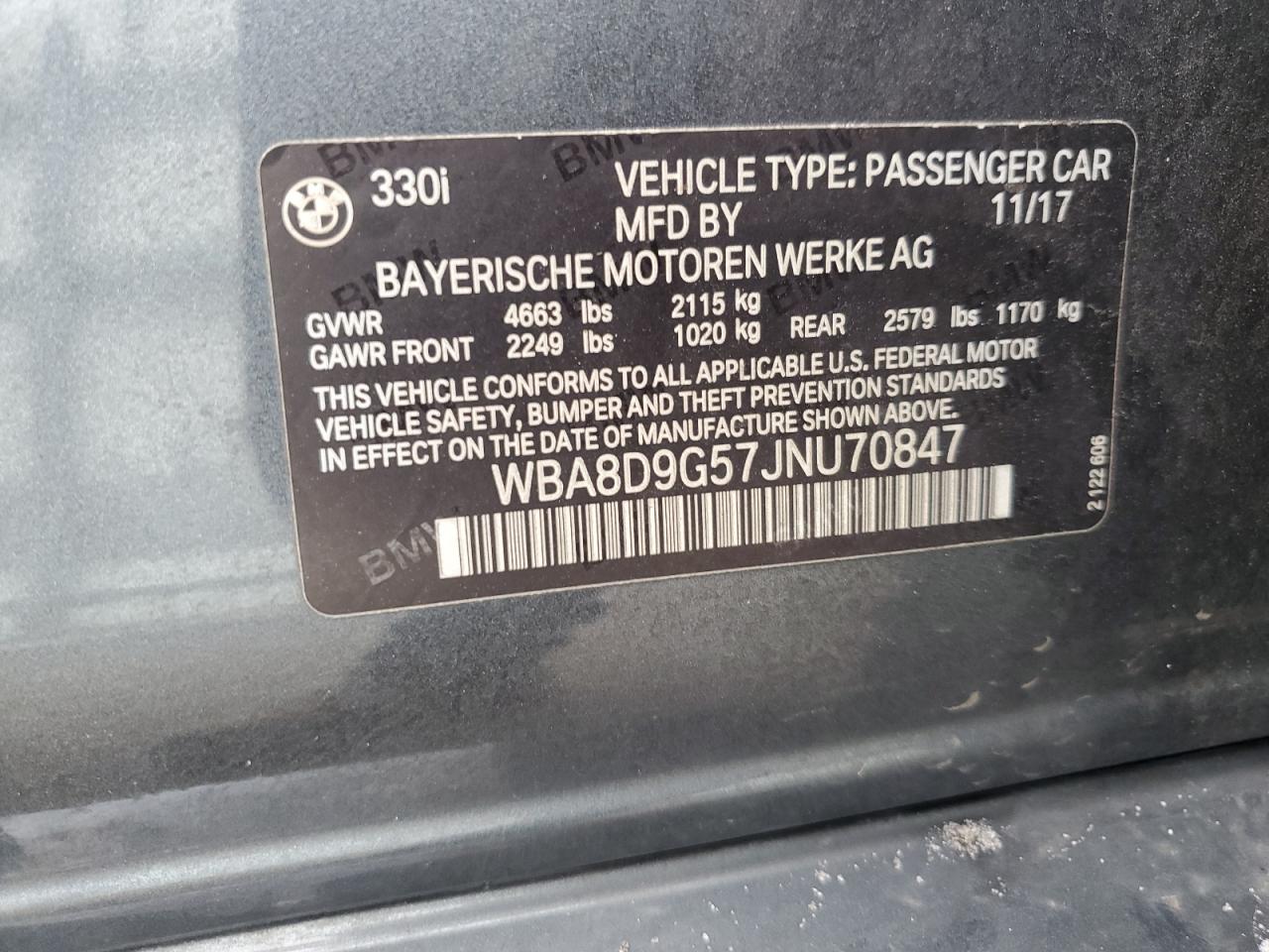 2018 BMW 330 Xi VIN: WBA8D9G57JNU70847 Lot: 82004405