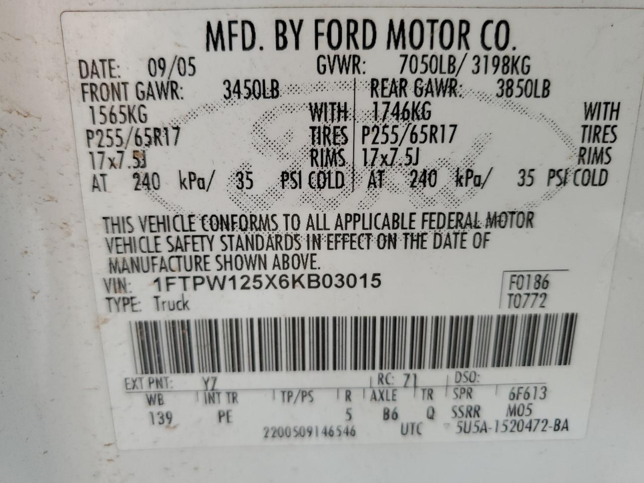2006 Ford F150 Supercrew VIN: 1FTPW125X6KB03015 Lot: 85141945