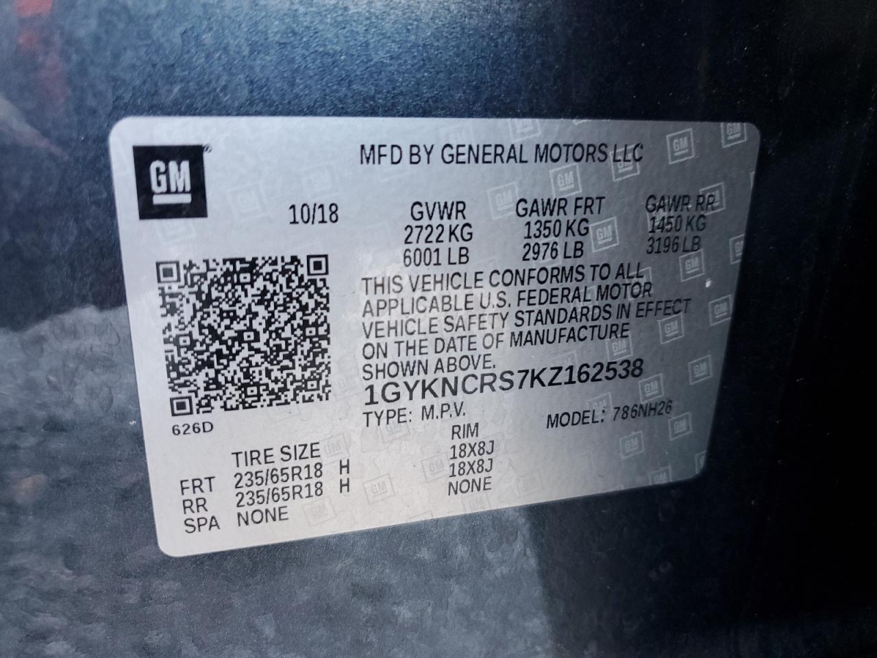 2019 Cadillac Xt5 Luxury VIN: 1GYKNCRS7KZ162538 Lot: 93984095