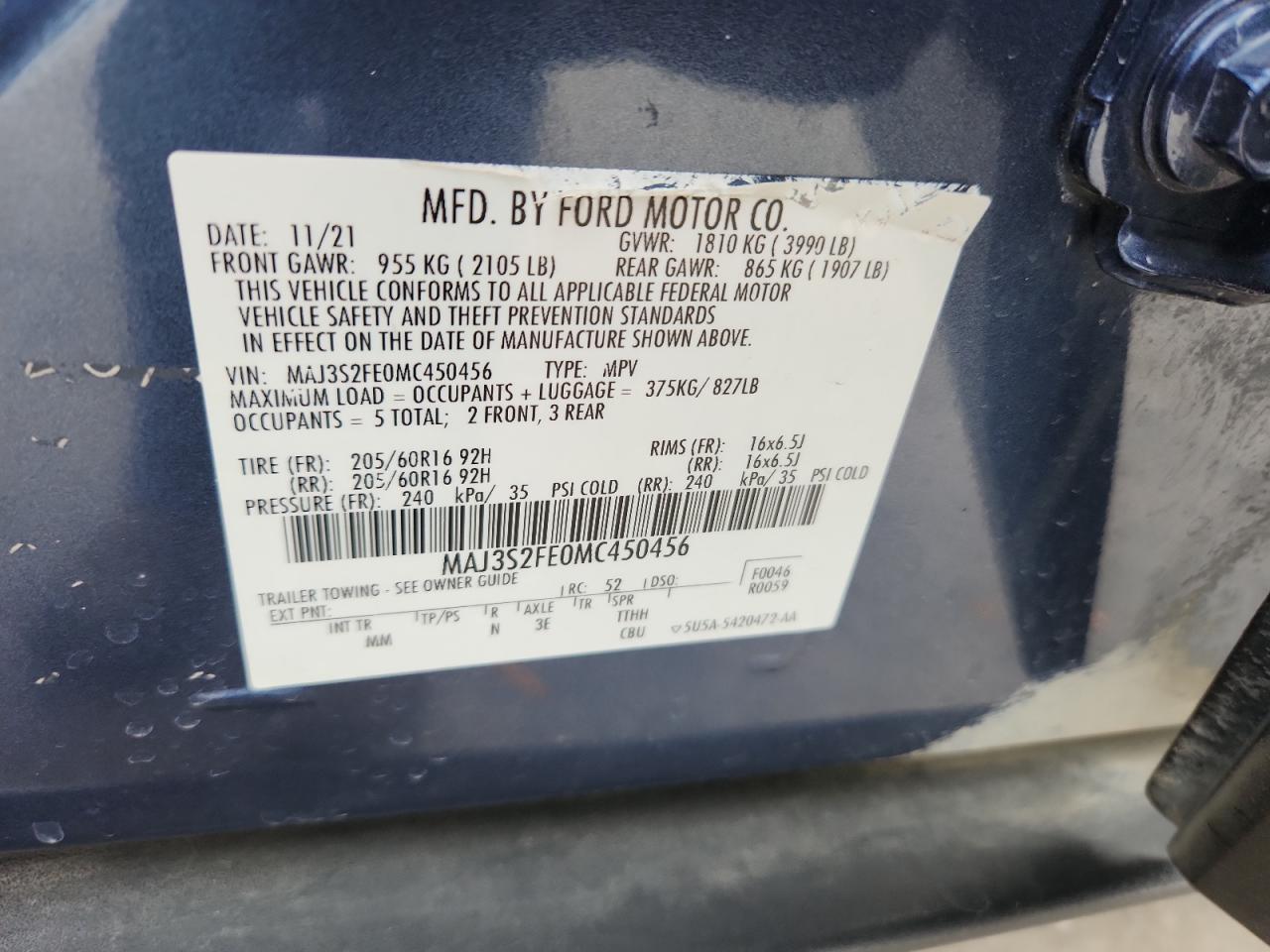 2021 Ford Ecosport S VIN: MAJ3S2FE0MC450456 Lot: 87098805