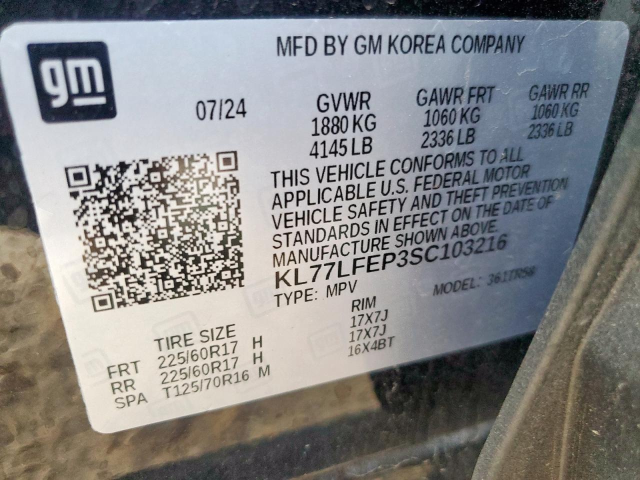 2025 Chevrolet Trax Ls VIN: KL77LFEP3SC103216 Lot: 85146125