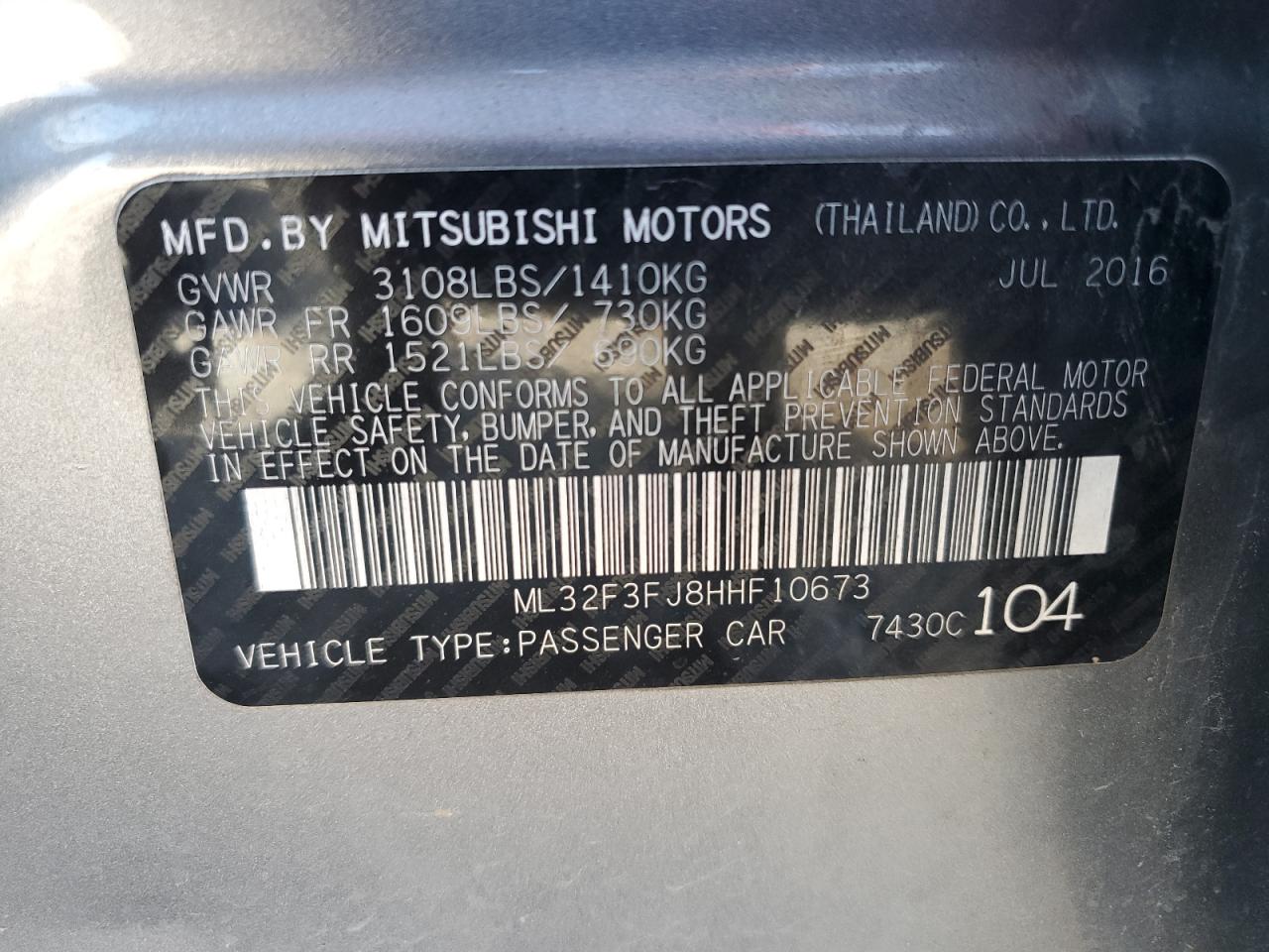 2017 Mitsubishi Mirage G4 Es VIN: ML32F3FJ8HHF10673 Lot: 82485725