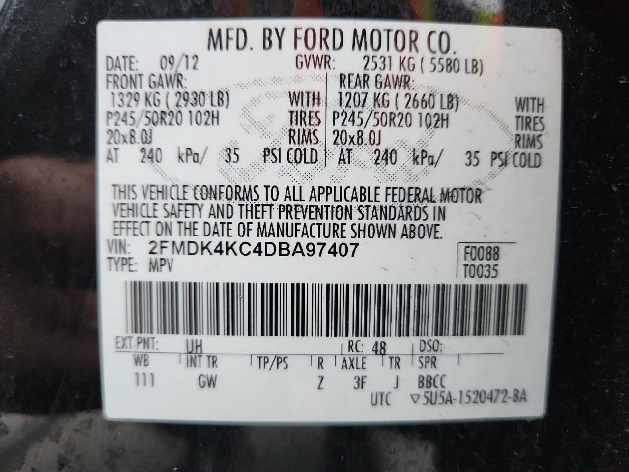 2013 Ford Edge Limited VIN: 2FMDK4KC4DBA97407 Lot: 84917745