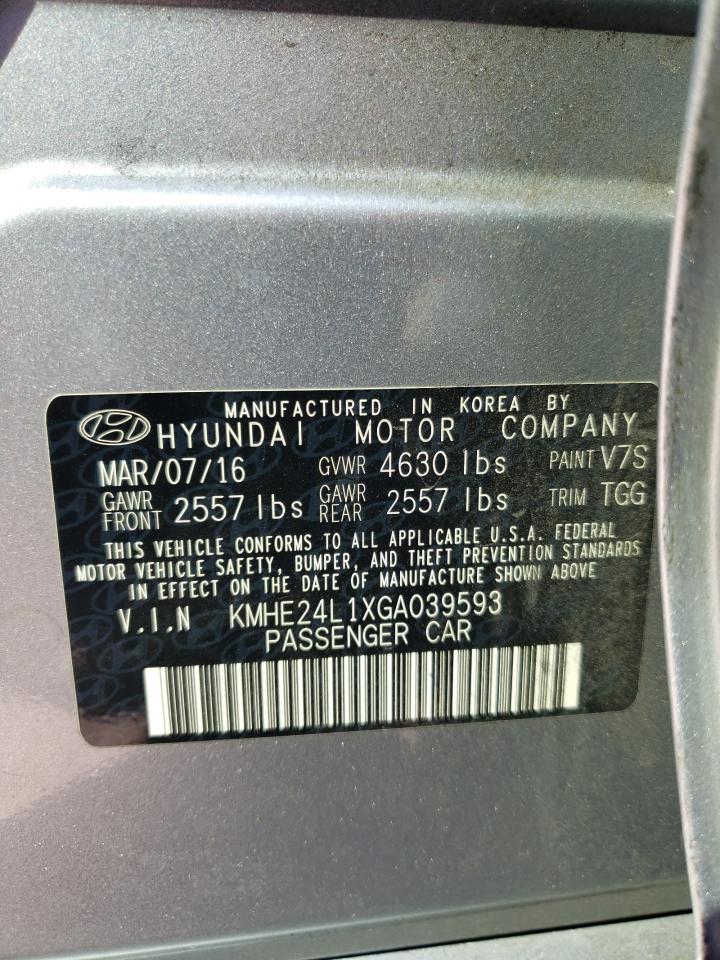 2016 Hyundai Sonata Hybrid VIN: KMHE24L1XGA039593 Lot: 82212895