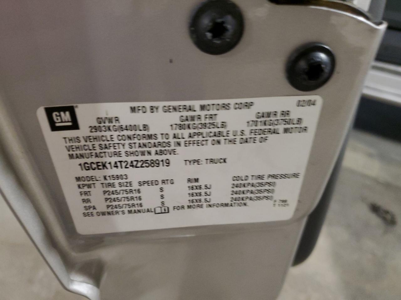 2004 Chevrolet Silverado K1500 VIN: 1GCEK14T24Z258919 Lot: 81945085