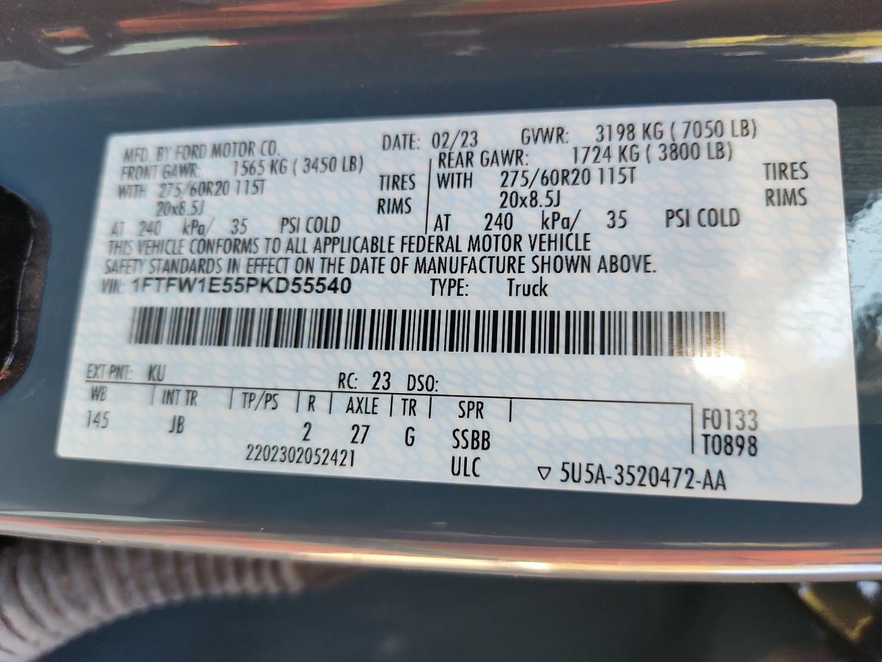 2023 Ford F150 Supercrew VIN: 1FTFW1E55PKD55540 Lot: 86195605