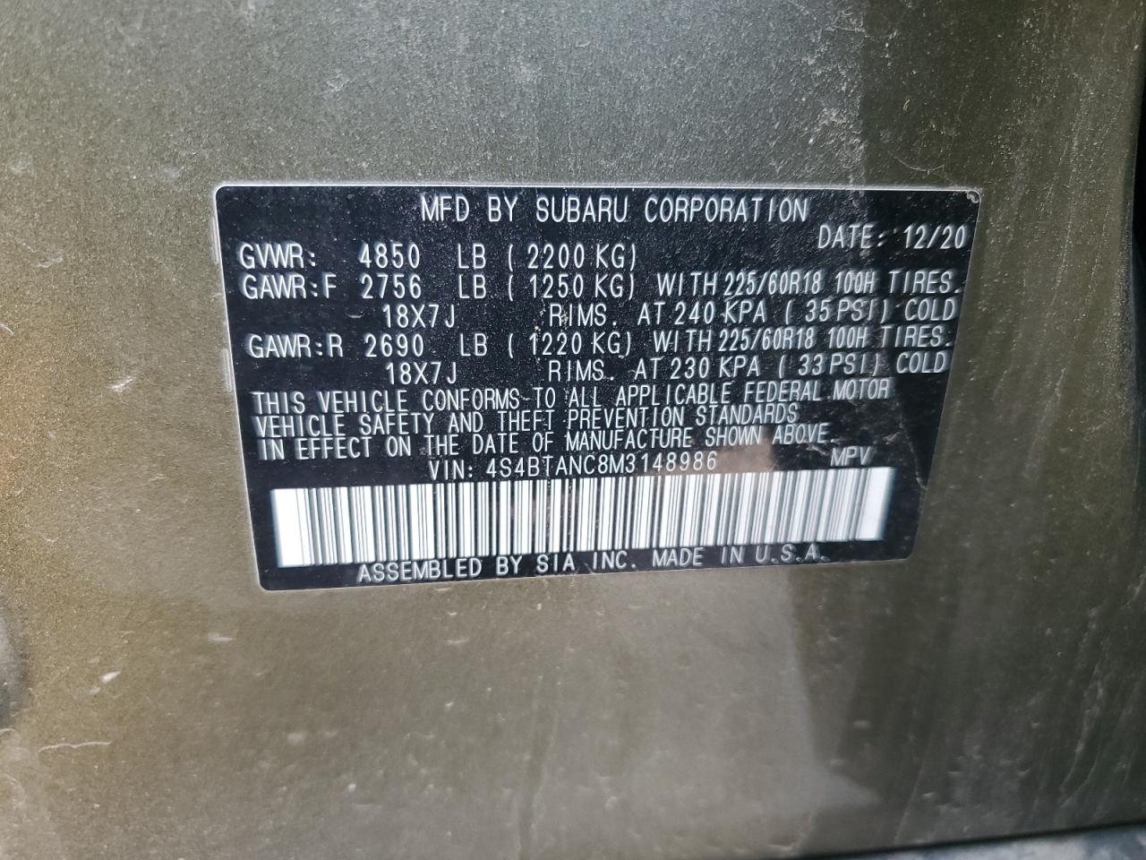 2021 Subaru Outback Limited VIN: 4S4BTANC8M3148986 Lot: 84920215