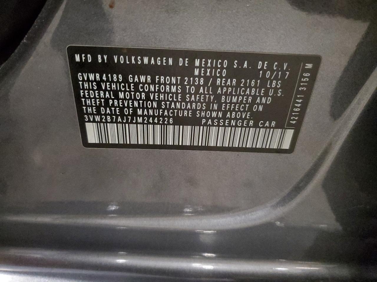 2018 Volkswagen Jetta S VIN: 3VW2B7AJ7JM244226 Lot: 81923665