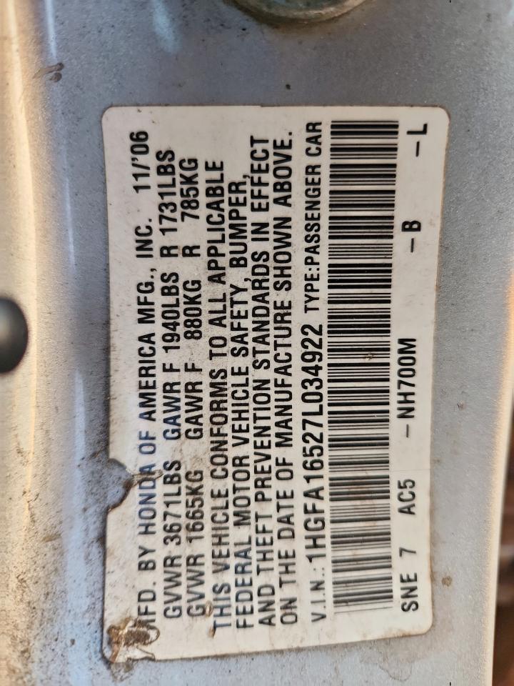 2007 Honda Civic Lx VIN: 1HGFA16527L034922 Lot: 85465285