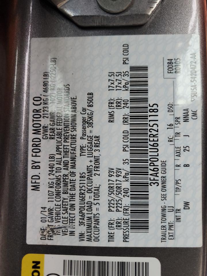 2014 Ford Fusion Se Hybrid VIN: 3FA6P0LU6ER251185 Lot: 86452175