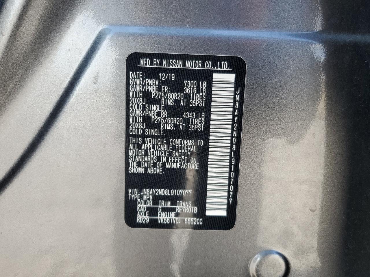 2020 Nissan Armada Sv VIN: JN8AY2ND8L9107077 Lot: 84632675