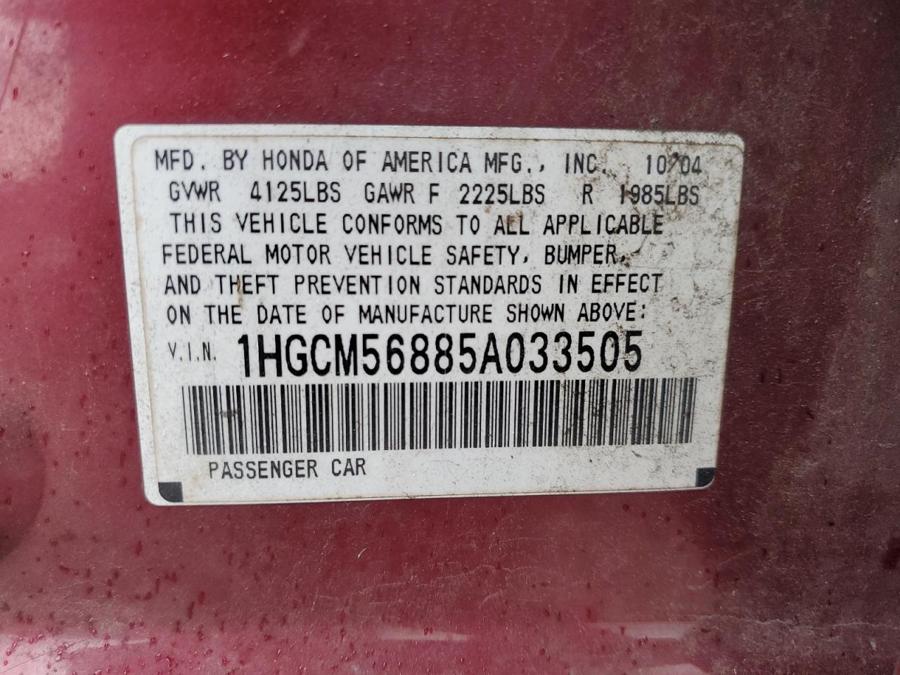 2005 Honda Accord Ex VIN: 1HGCM56885A033505 Lot: 86275335