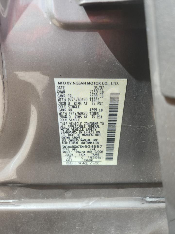 2008 Nissan Armada Se VIN: 5N1BA08D78N604667 Lot: 84950295