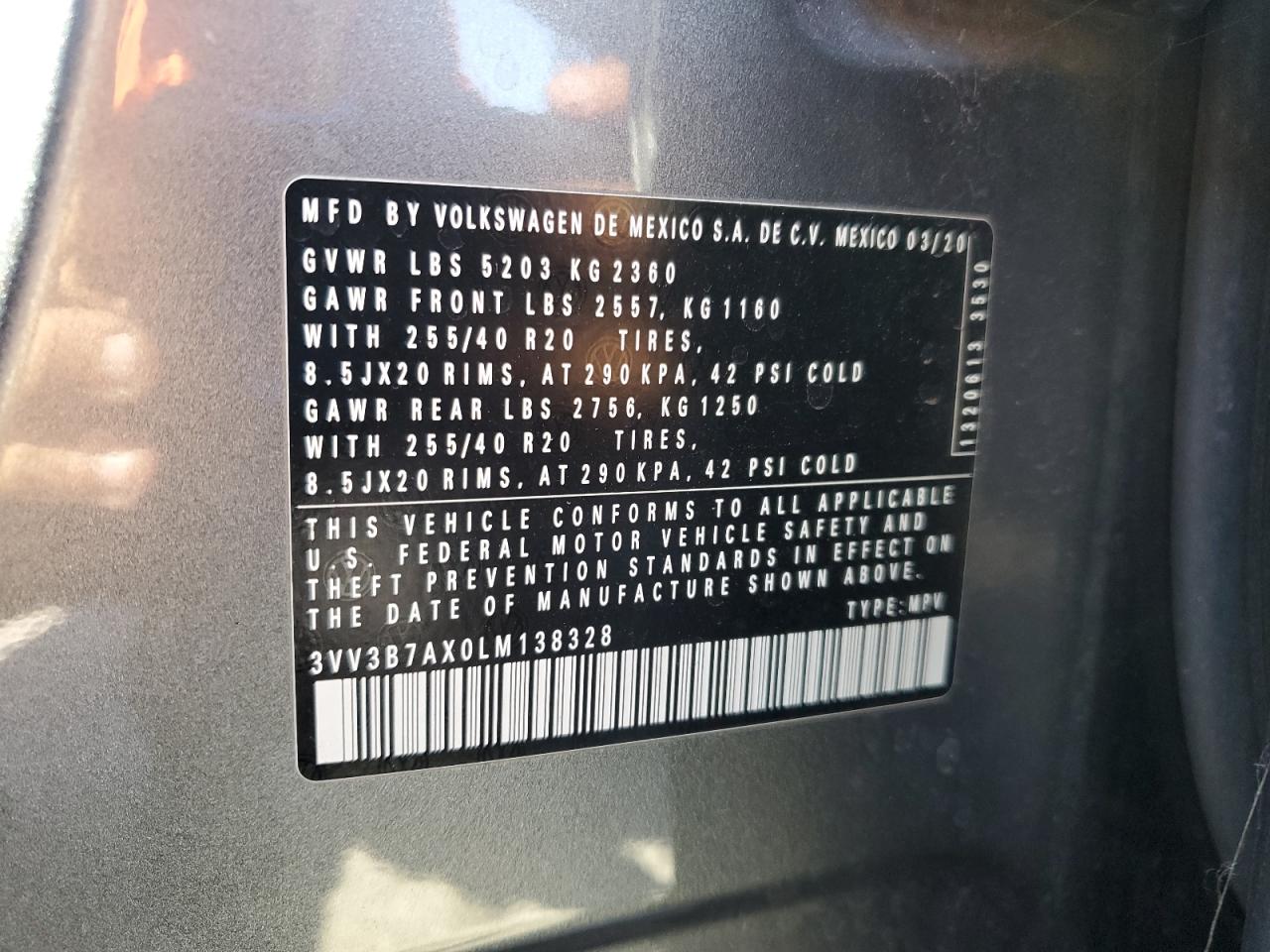 2020 Volkswagen Tiguan Se VIN: 3VV3B7AX0LM138328 Lot: 84858395