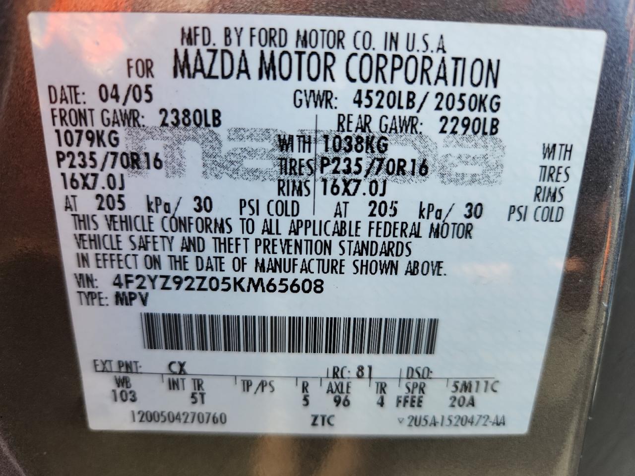 2005 Mazda Tribute I VIN: 4F2YZ92Z05KM65608 Lot: 86891685