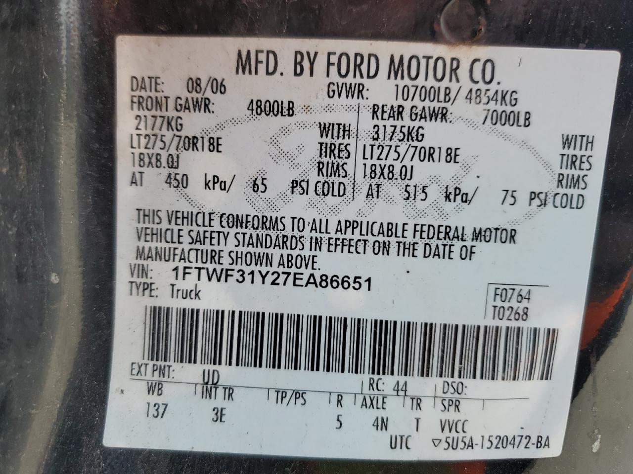 2007 Ford F350 Srw Super Duty VIN: 1FTWF31Y27EA86651 Lot: 87283645