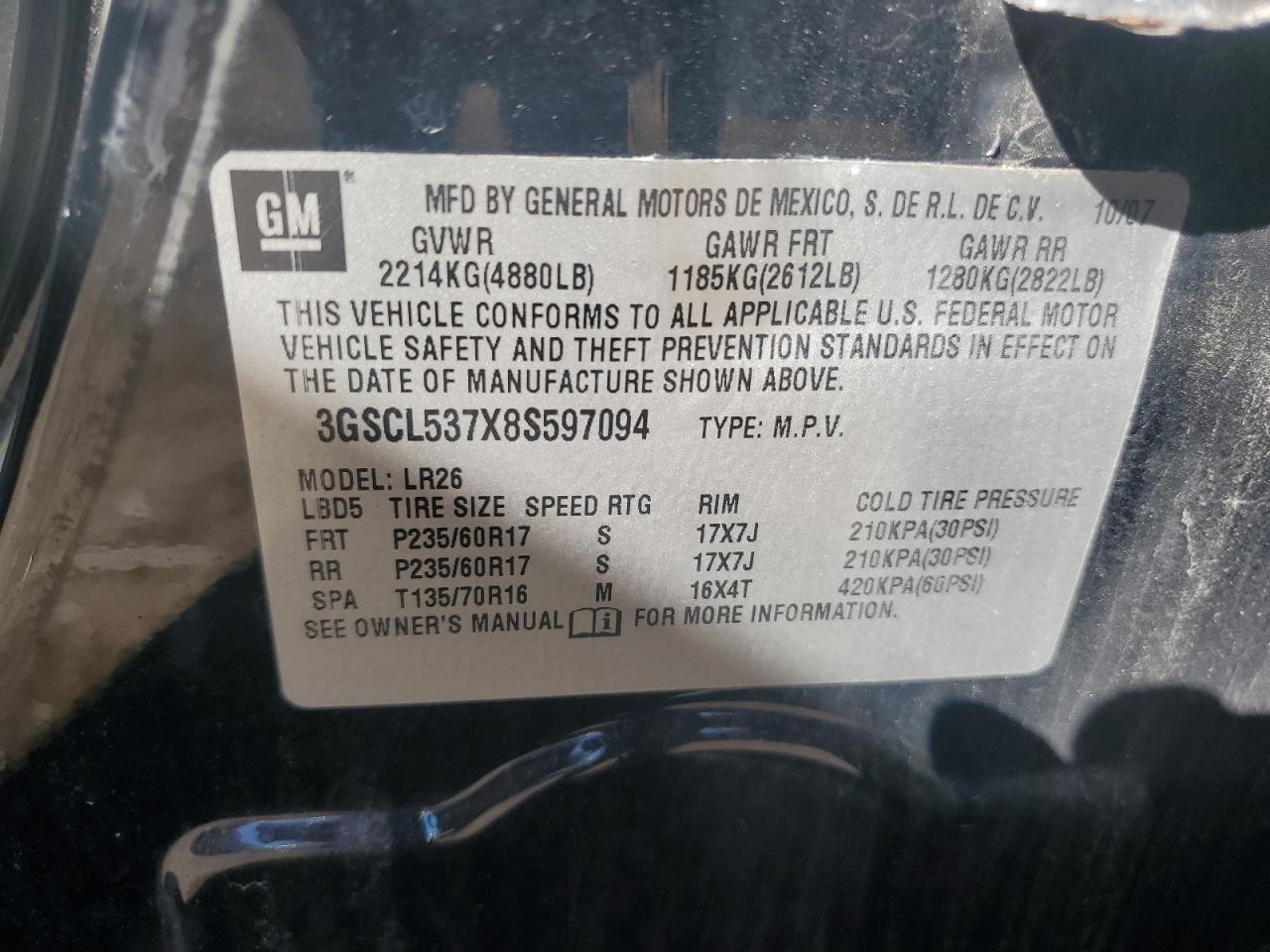 2008 Saturn Vue Xr VIN: 3GSCL537X8S597094 Lot: 86136685