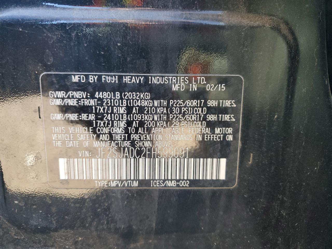 2015 Subaru Forester 2.5I Premium VIN: JF2SJADC2FH599091 Lot: 85693765