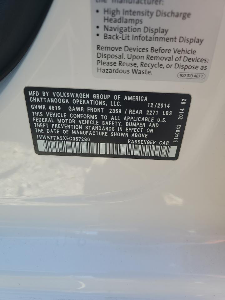 2015 Volkswagen Passat Se VIN: 1VWBT7A3XFC057280 Lot: 84371335