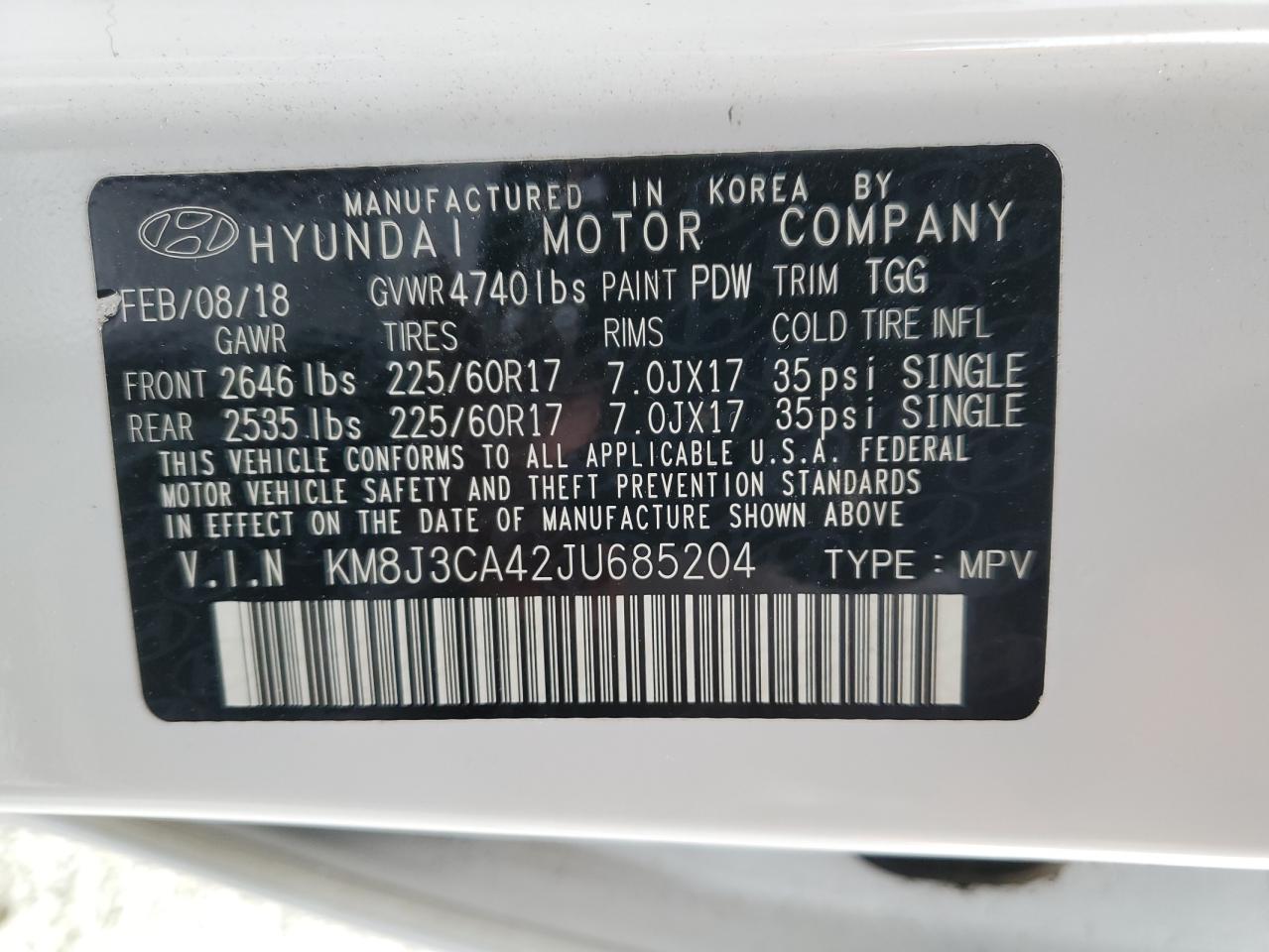 2018 Hyundai Tucson Sel VIN: KM8J3CA42JU685204 Lot: 85365695