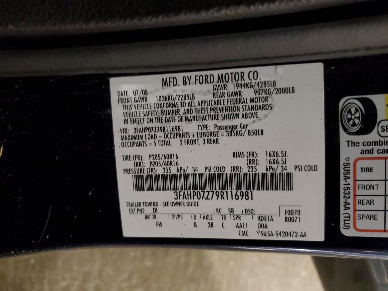 2009 Ford Fusion Se VIN: 3FAHP07Z79R116981 Lot: 86807225