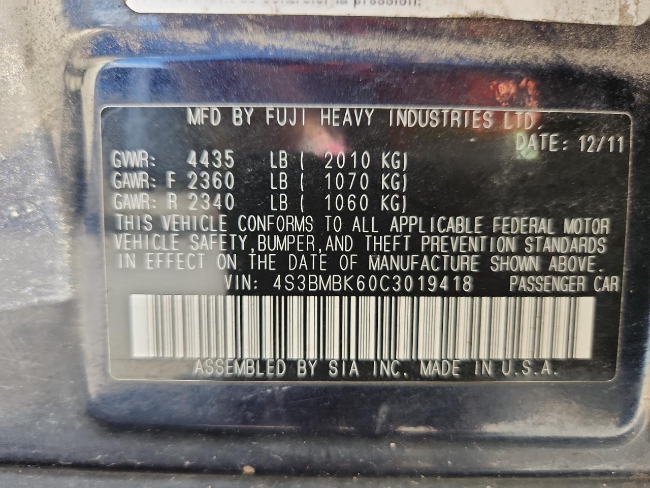 2012 Subaru Legacy 2.5I Limited VIN: 4S3BMBK60C3019418 Lot: 84983815