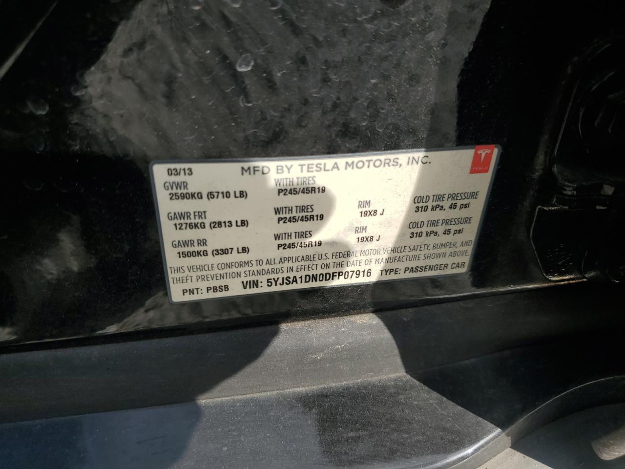 2013 Tesla Model S VIN: 5YJSA1DN0DFP07916 Lot: 85099985