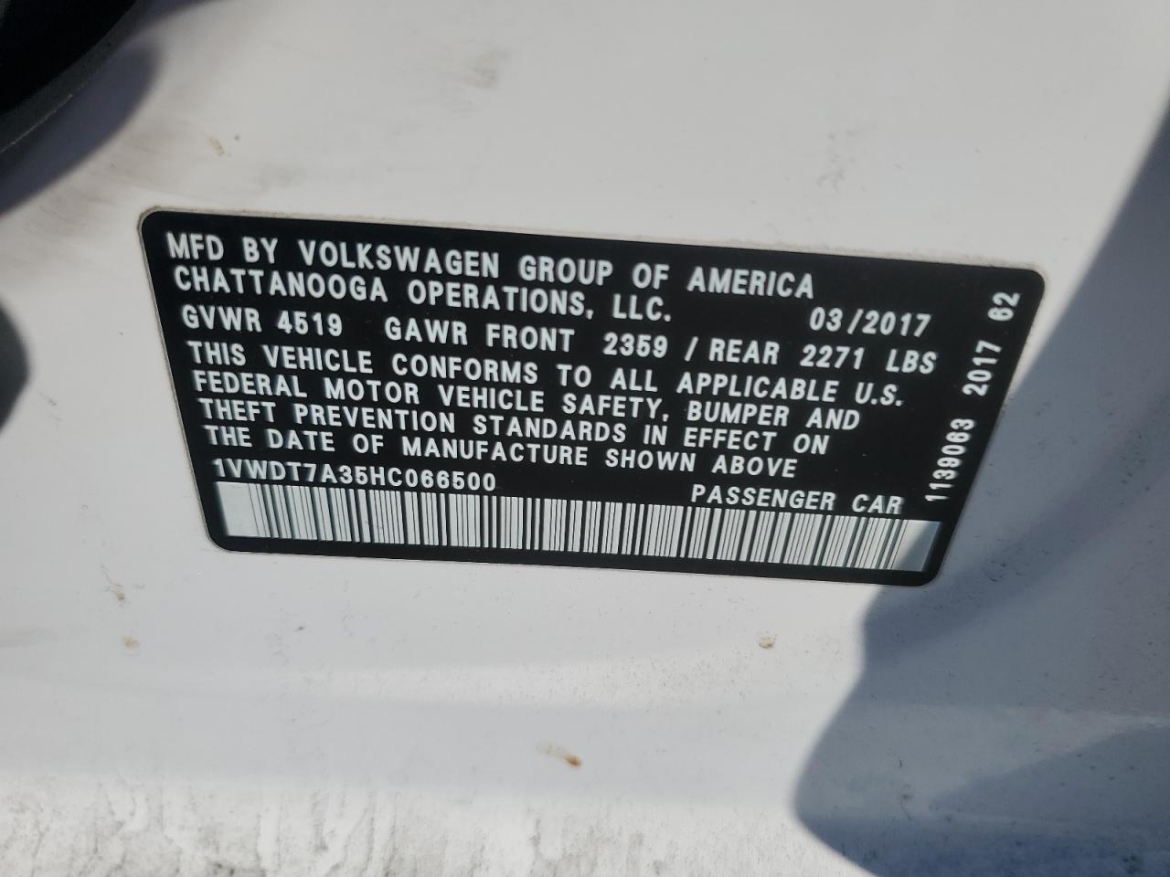 2017 Volkswagen Passat R-Line VIN: 1VWDT7A35HC066500 Lot: 85099845