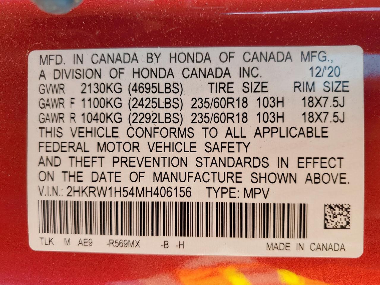 2021 Honda Cr-V Ex VIN: 2HKRW1H54MH406156 Lot: 85530415