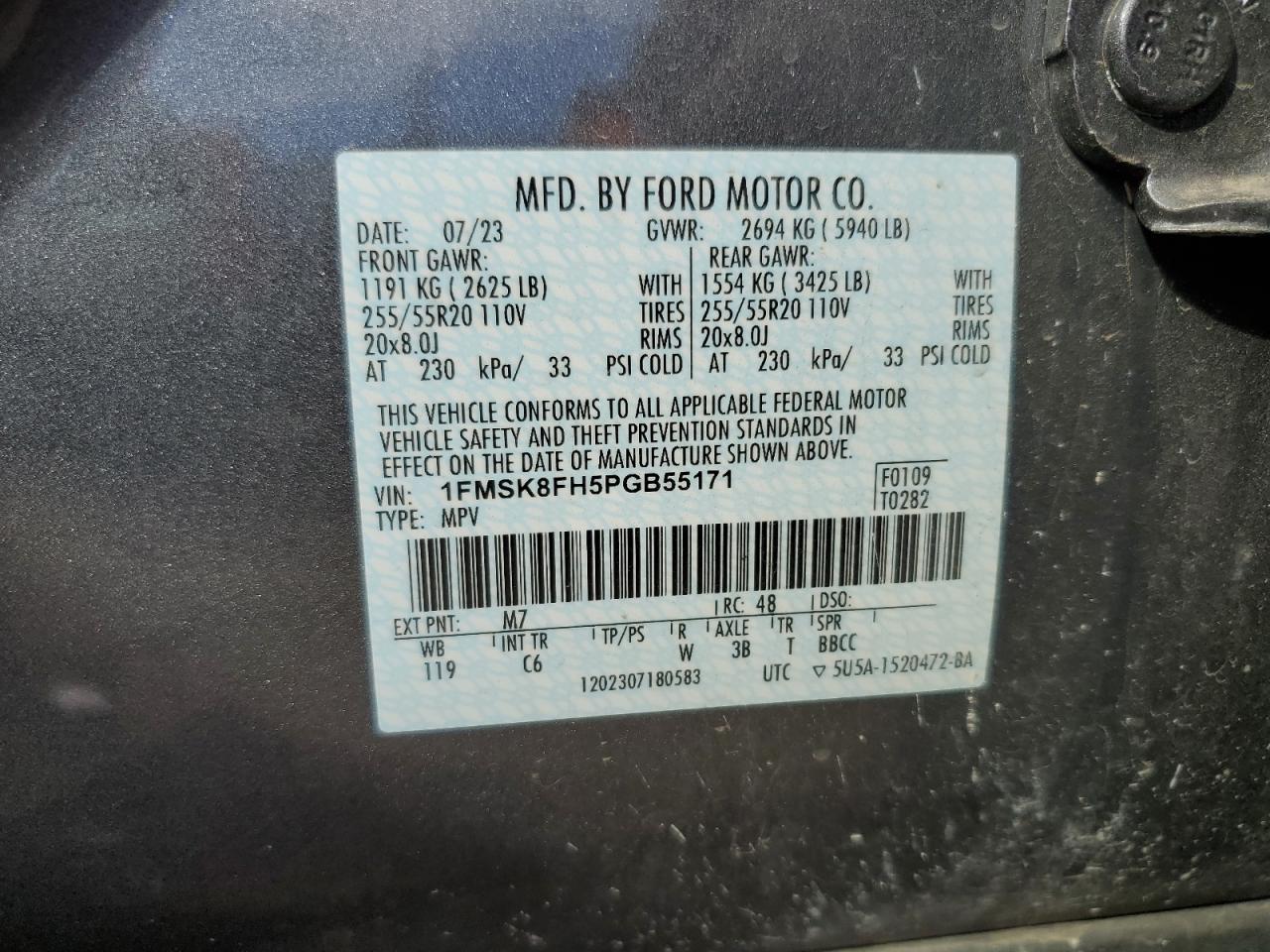 2023 Ford Explorer Limited VIN: 1FMSK8FH5PGB55171 Lot: 86252575