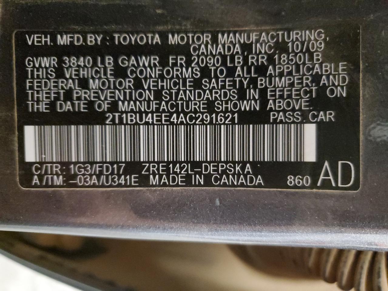 2010 Toyota Corolla Base VIN: 2T1BU4EE4AC291621 Lot: 84829685