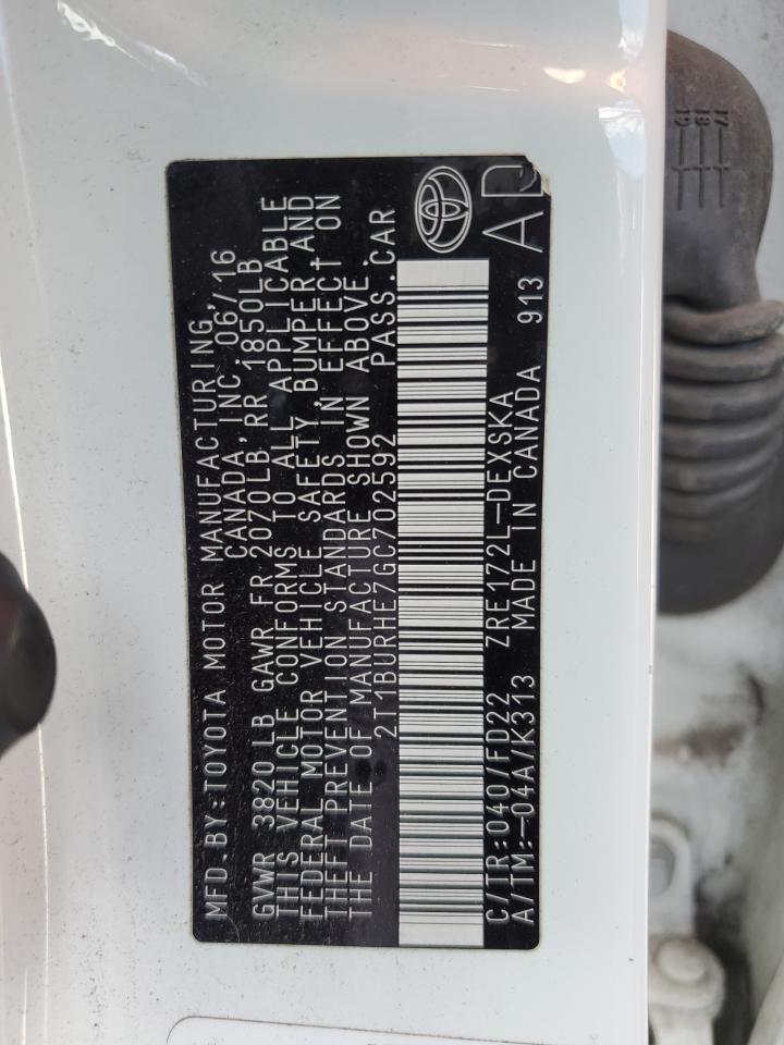 2016 Toyota Corolla L VIN: 2T1BURHE7GC702592 Lot: 85304175