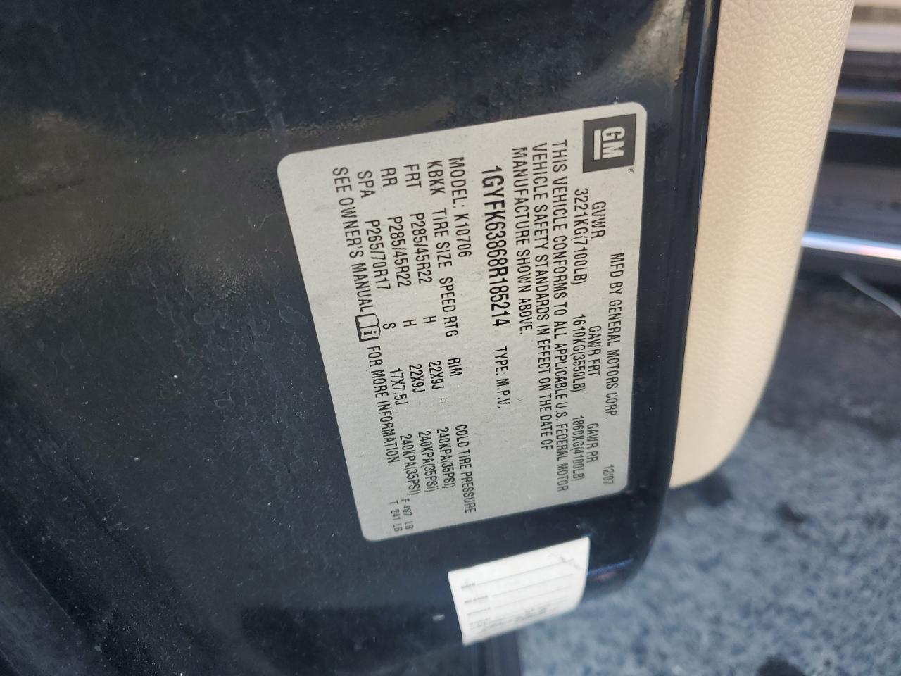 2008 Cadillac Escalade Luxury VIN: 1GYFK63868R185214 Lot: 90117775