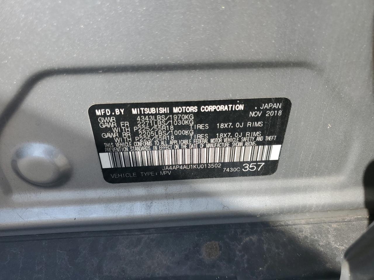 2019 Mitsubishi Outlander Sport Se VIN: JA4AP4AU1KU013502 Lot: 85752745