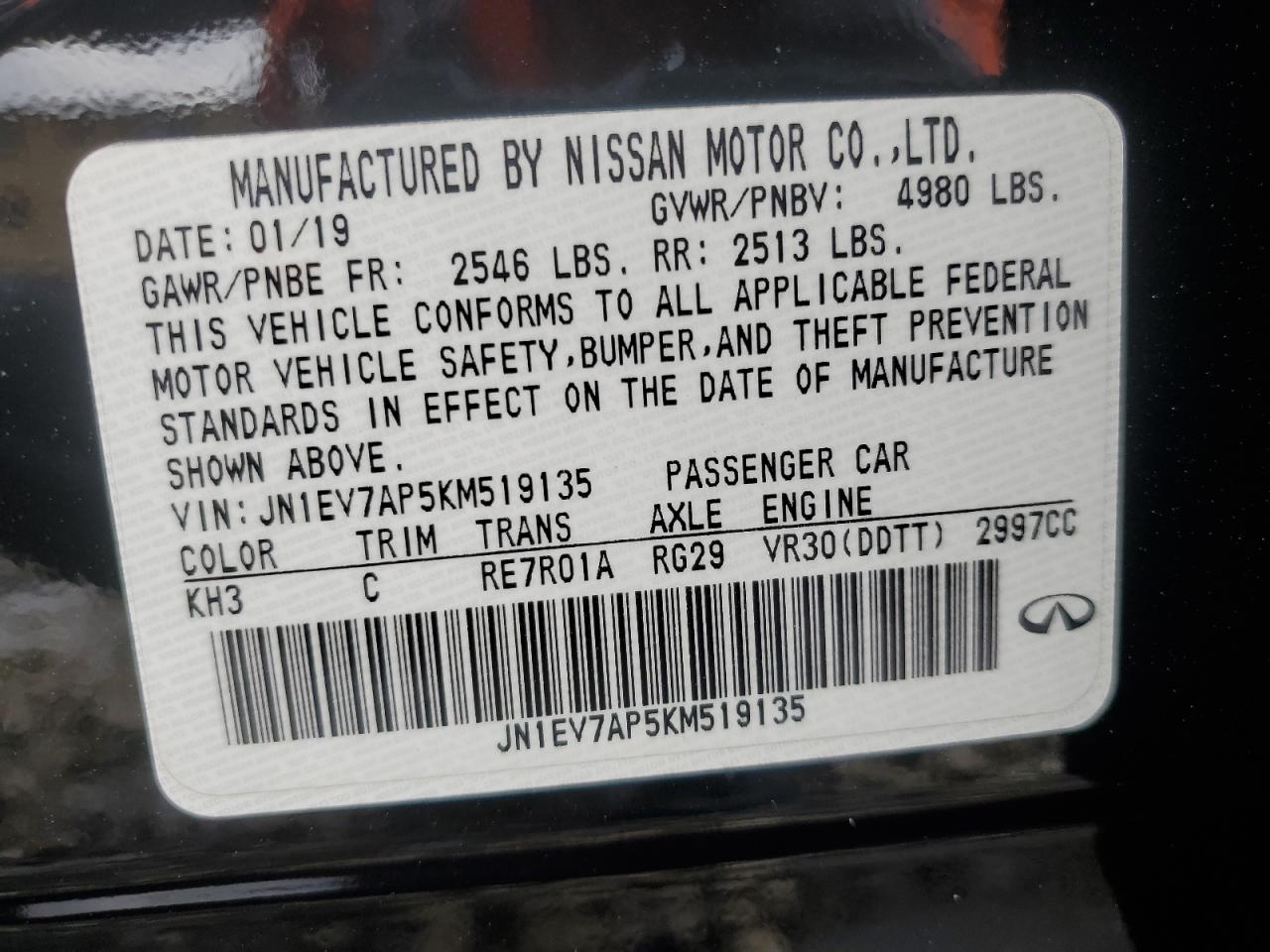 2019 Infiniti Q50 Luxe VIN: JN1EV7AP5KM519135 Lot: 84875175