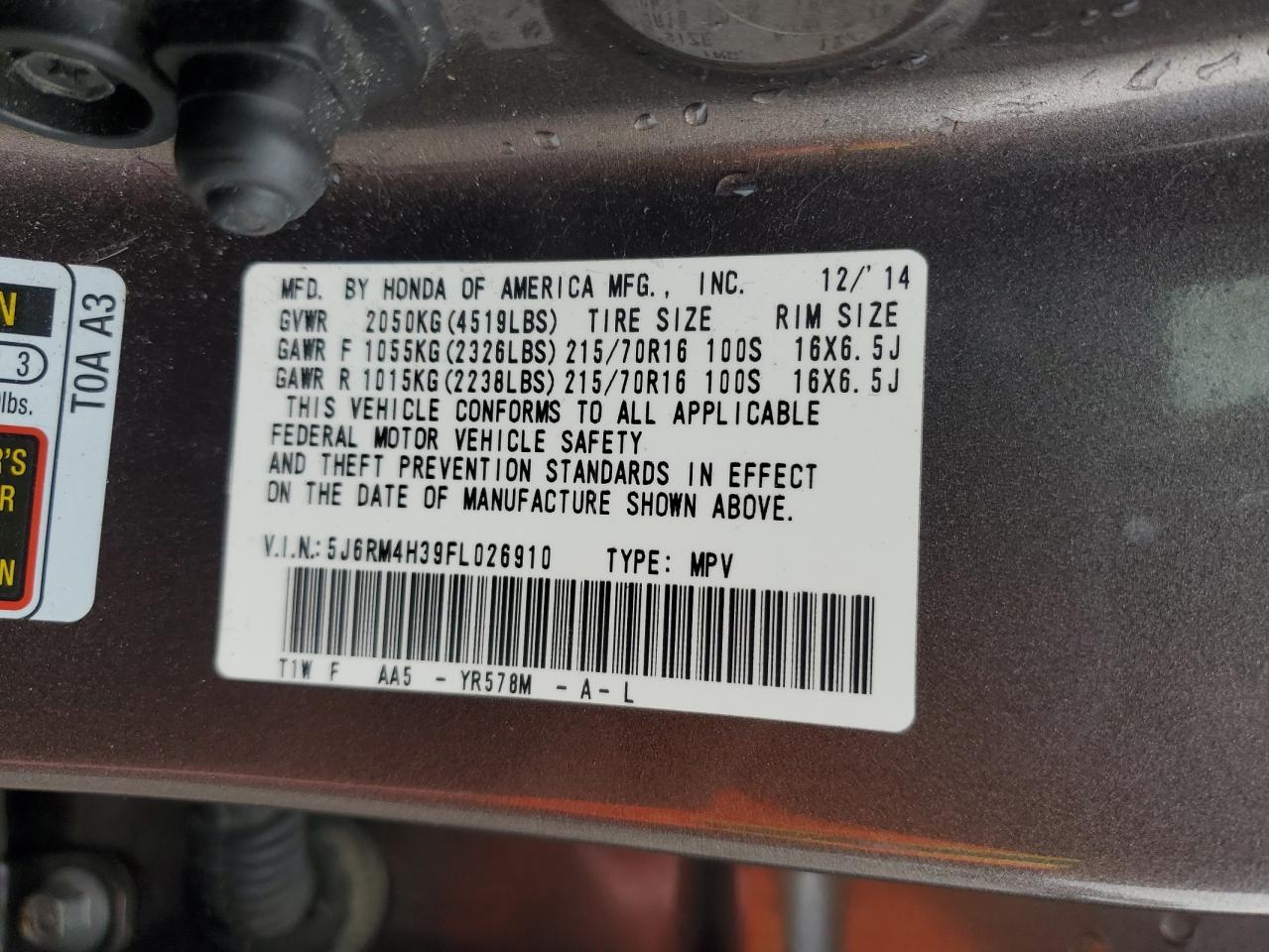 2015 Honda Cr-V Lx VIN: 5J6RM4H39FL026910 Lot: 85424785