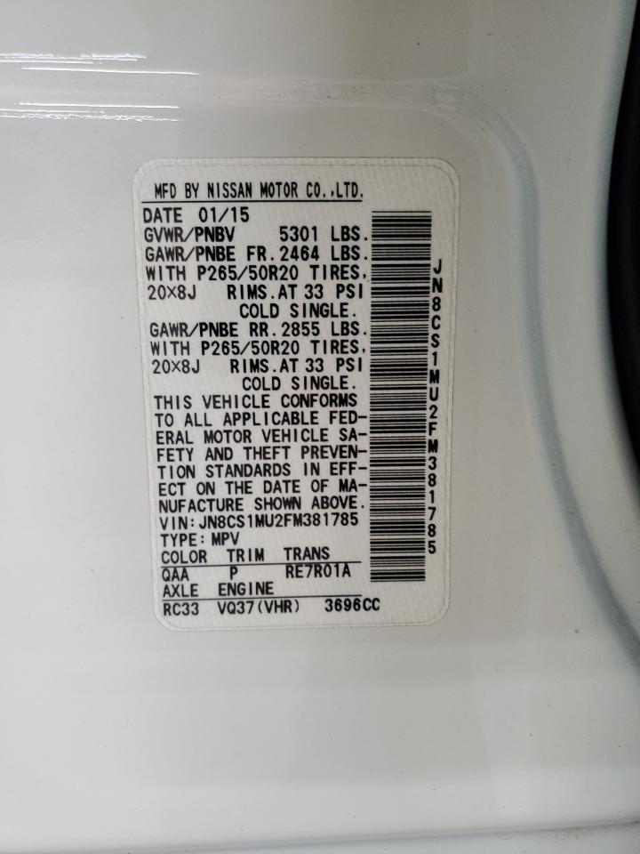 2015 Infiniti Qx70 VIN: JN8CS1MU2FM381785 Lot: 86881735