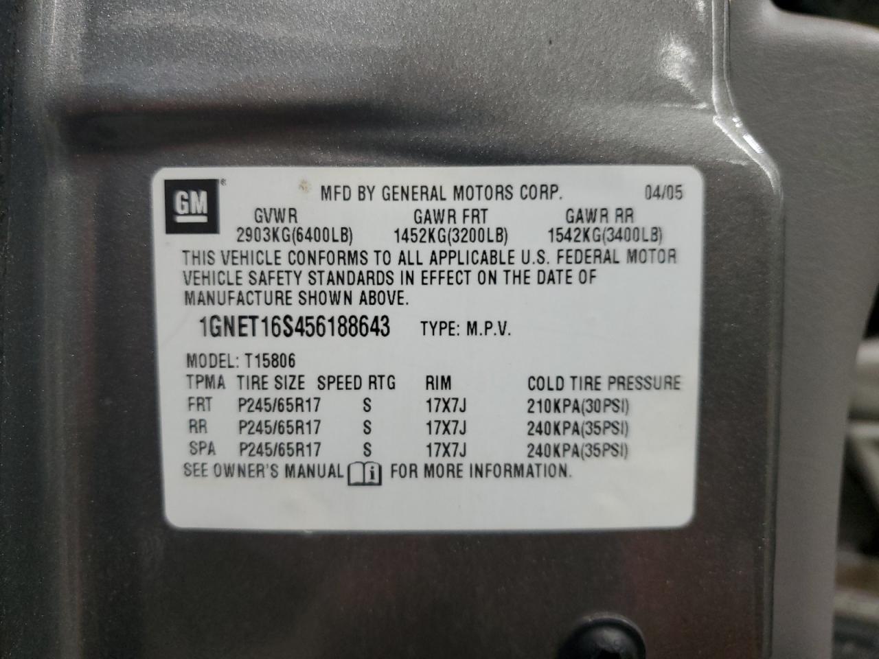 2005 Chevrolet Trailblazer Ext Ls VIN: 1GNET16S456188643 Lot: 85007545