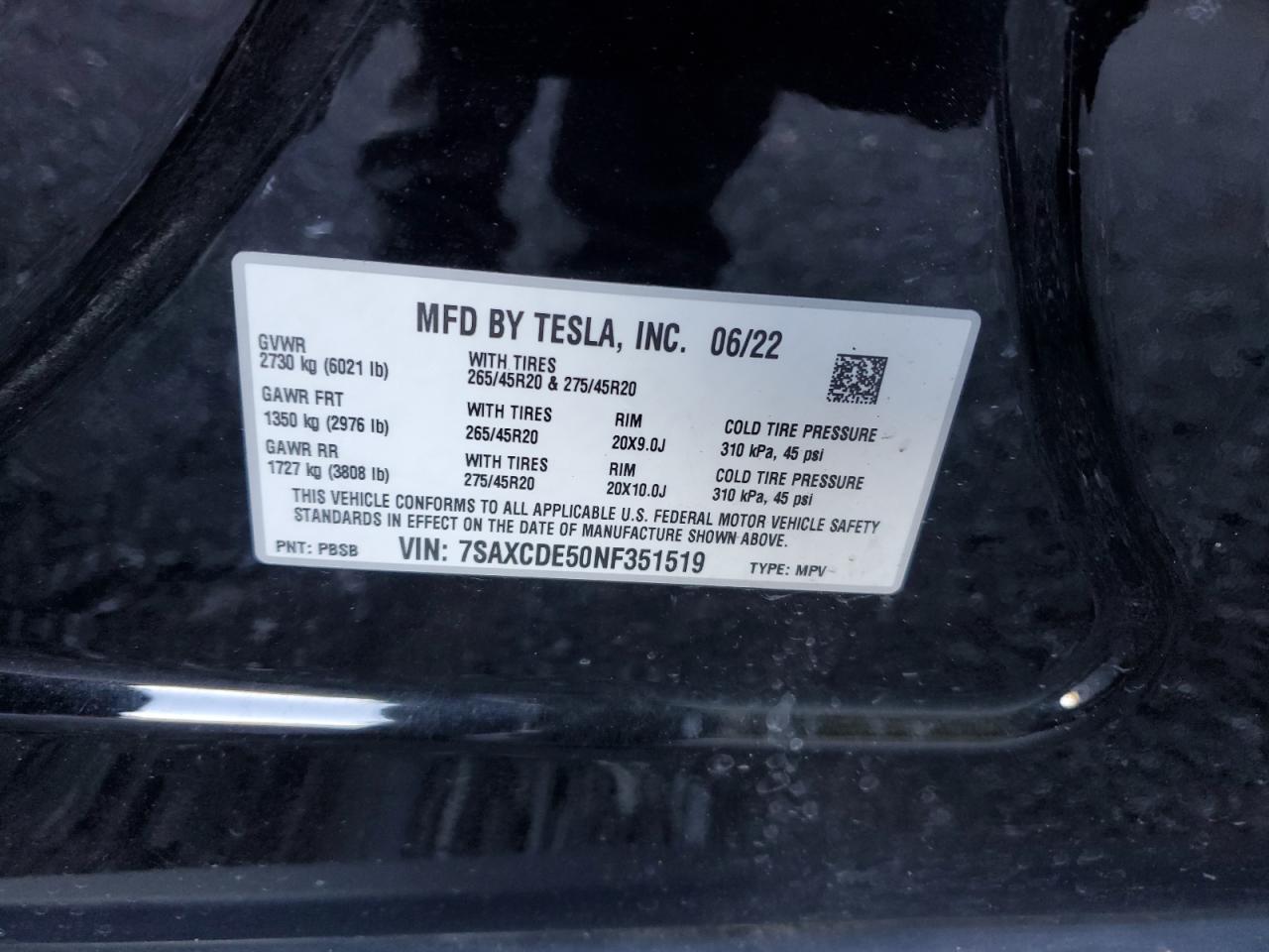 2022 Tesla Model X VIN: 7SAXCDE50NF351519 Lot: 84866845