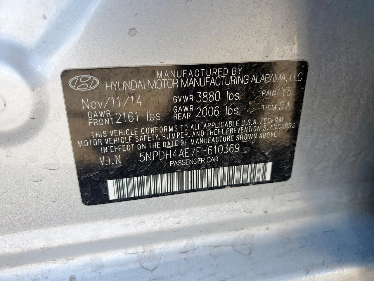 2015 Hyundai Elantra Se VIN: 5NPDH4AE7FH610369 Lot: 86168755