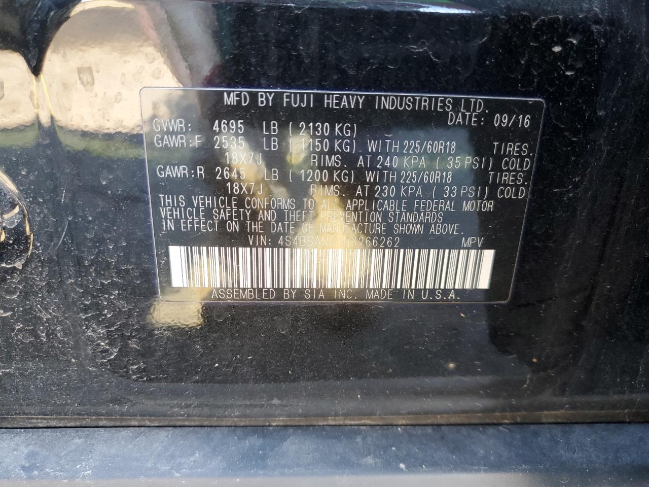 2017 Subaru Outback 2.5I Limited VIN: 4S4BSANC7H3266262 Lot: 85929545