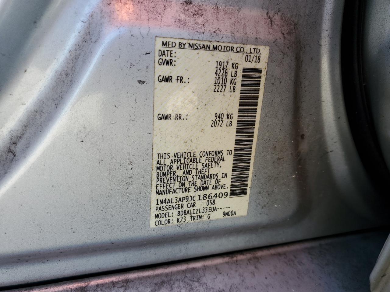 2018 Nissan Altima 2.5 VIN: 1N4AL3AP9JC186409 Lot: 86432435